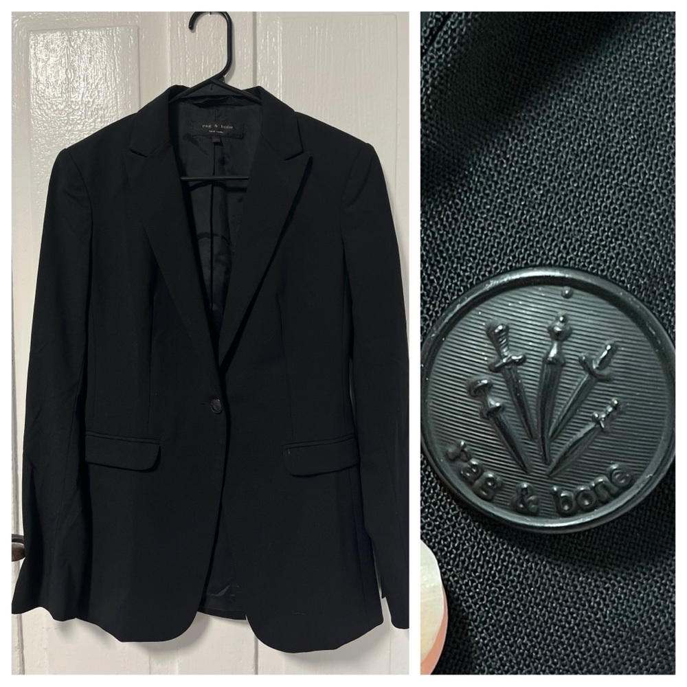 Rag & Bone Black Wool Blend Stretch One Button
blazer with logo buttons size 0